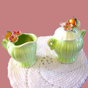 Vtg Napco Peach Blossom creamer & sugar bowl with lid from 20th cen